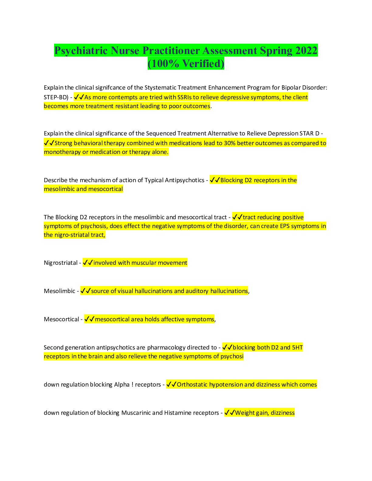 Preview image for Psychiatric Nurse Practitioner Assessment Spring 2022 (100% Verified)